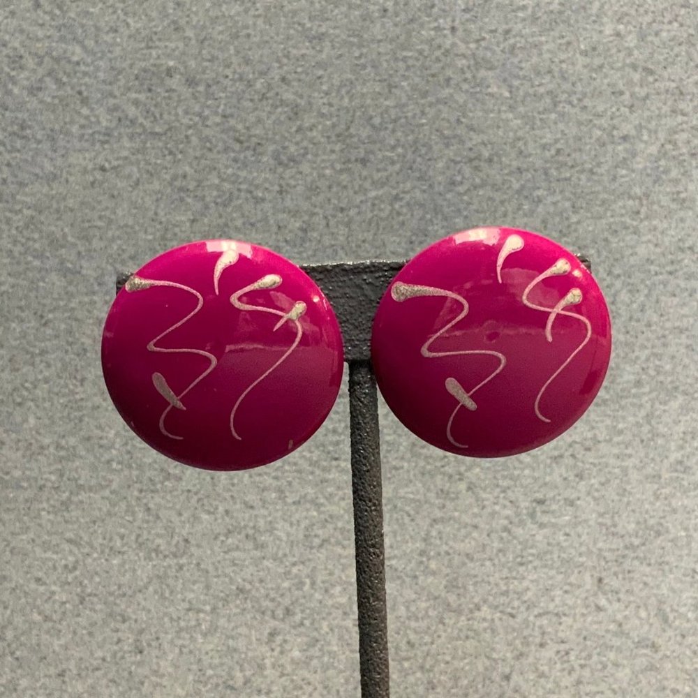 Vintage Clip On Earrings As Is Barbie Hot Pink Silver Squiggle Round Retro 80s